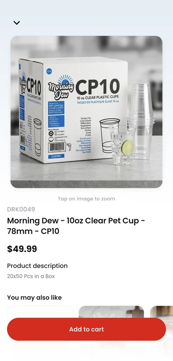 MySupreme product page for clear plastic cups with price and add to cart