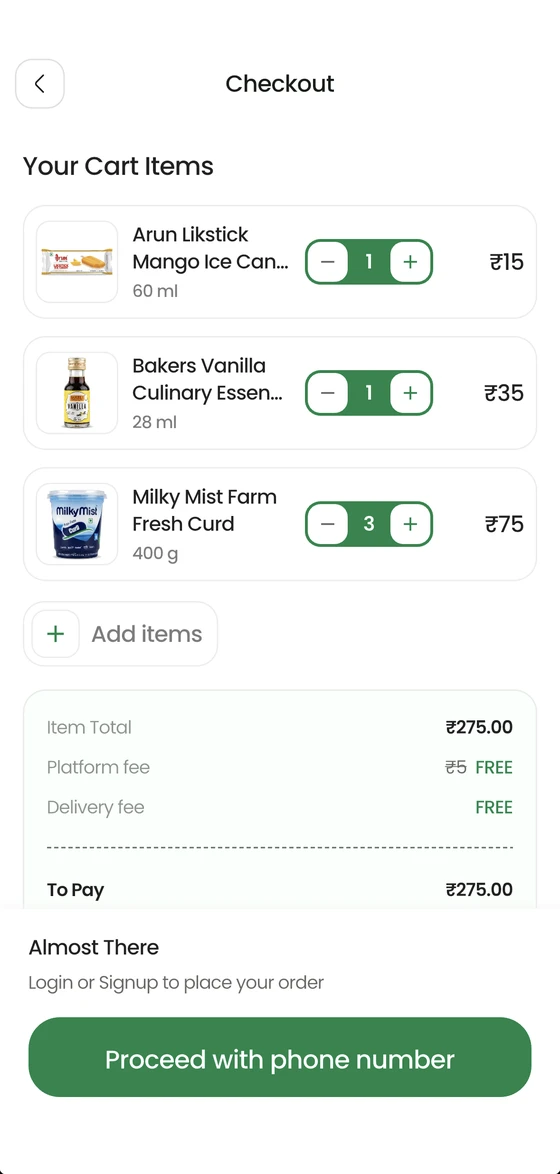 Supamart checkout with cart items, bill details and a proceed with phone number button